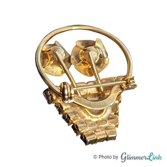 Vintage Rose Flowers Basket Pink Rhinestones Gold Tone Brooch - Picture 5 of 6